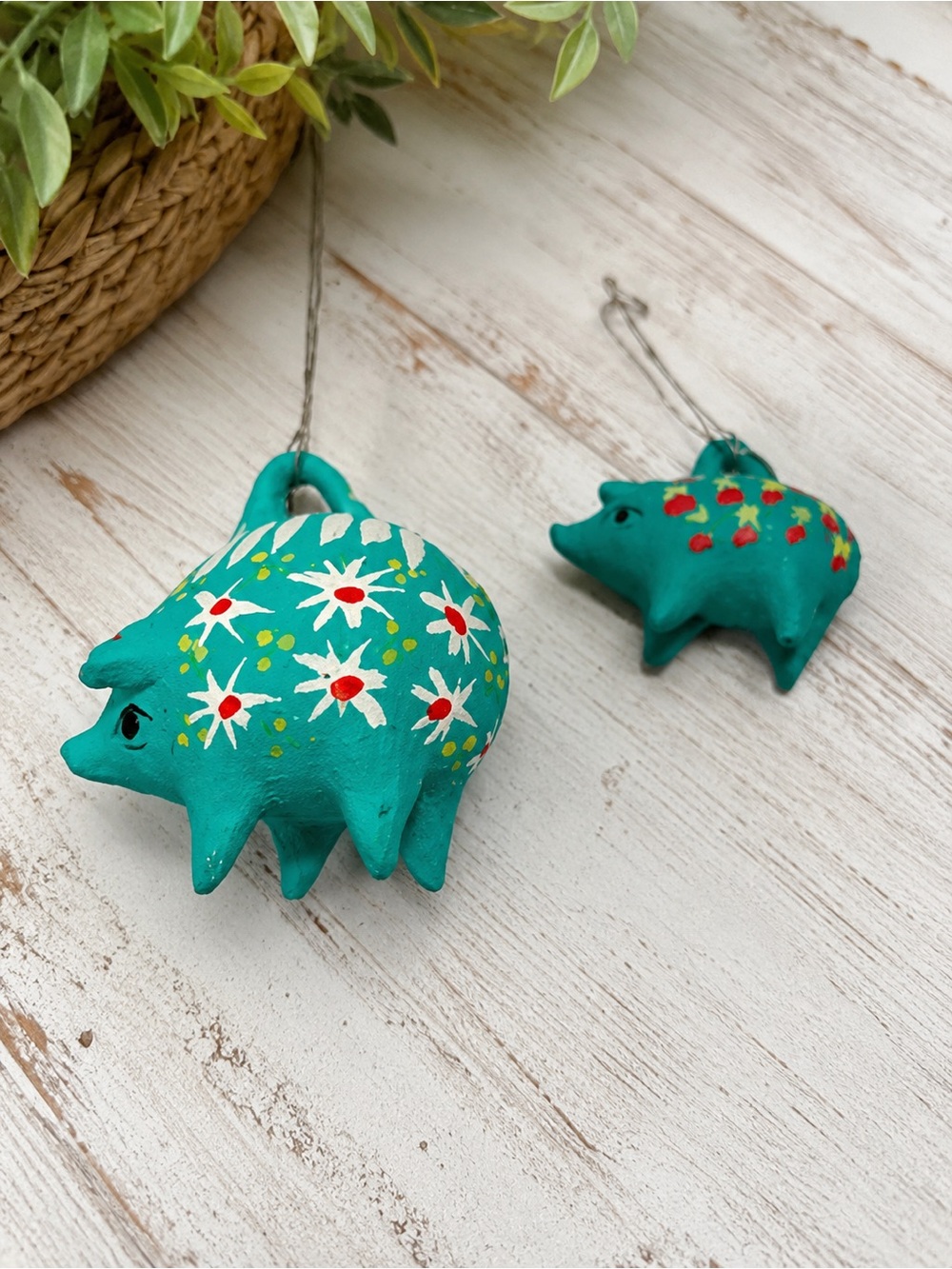 Vintage Mexican Folk Art Clay Colorful Pig Ornaments (2)